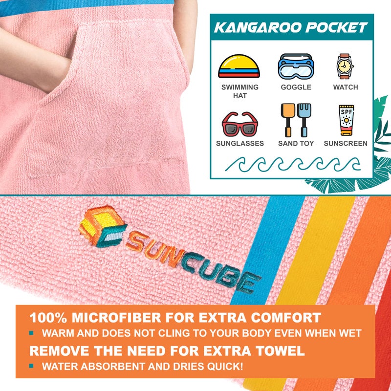 Suncube SUN CUBE Kids Changing Robe Surf Poncho, Kids Beach Towels, Hooded Towel for Teens Bath Pool, Microfiber Quick Dry Wearable Towel Poncho with Hood, Swim Towel for Girls 8-12 Years, Sunset Pink - Image 3