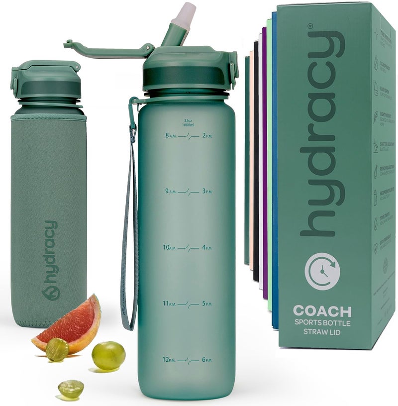 Hydracy Water Bottle with Time Marker & Straw - Large 32 Oz BPA Free Motivational Bottle with Times to Drink - No Sweat Sleeve - Leak Proof Lid - Ideal for Fitness, Sports & Outdoors - Image 1
