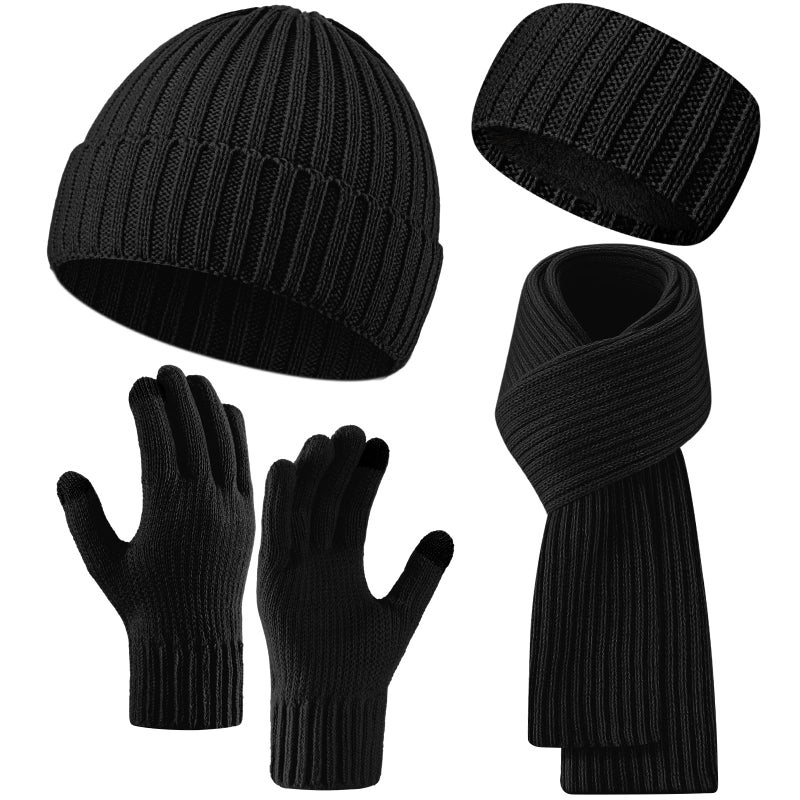 Breathffy 4 Pcs Winter Hat Scarf Gloves Headband Set Knit Beanie Touch Screen Gloves Long Scarf Valentine Gift for Women Men(Essential Style,Black) - Image 1