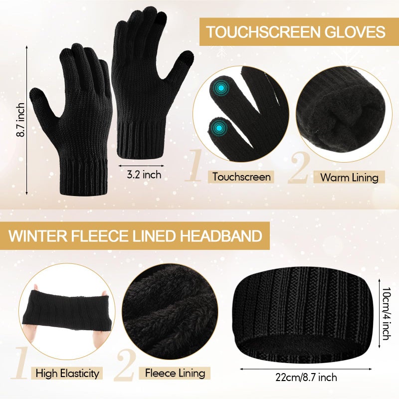 Breathffy 4 Pcs Winter Hat Scarf Gloves Headband Set Knit Beanie Touch Screen Gloves Long Scarf Valentine Gift for Women Men(Essential Style,Black) - Image 3