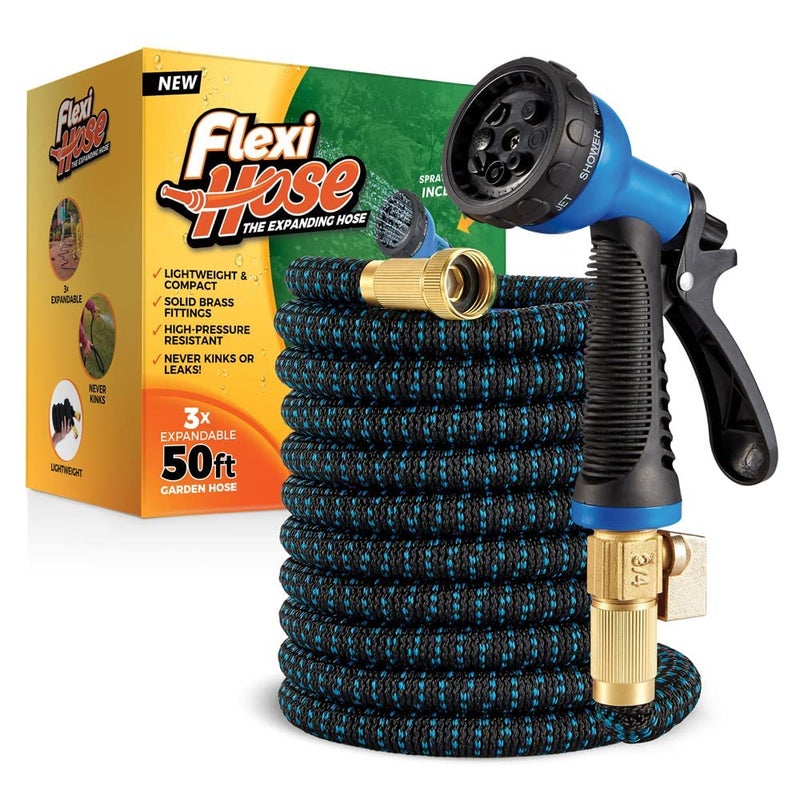 Flexi Hose Expandable Garden Hose with 8 Function Nozzle, 50FT - Lightweight Retractable Garden Hose, Water Hose - No-Kink Flexibility, 3/4 Inch Solid Brass Fittings and Double Latex Core - Image 1