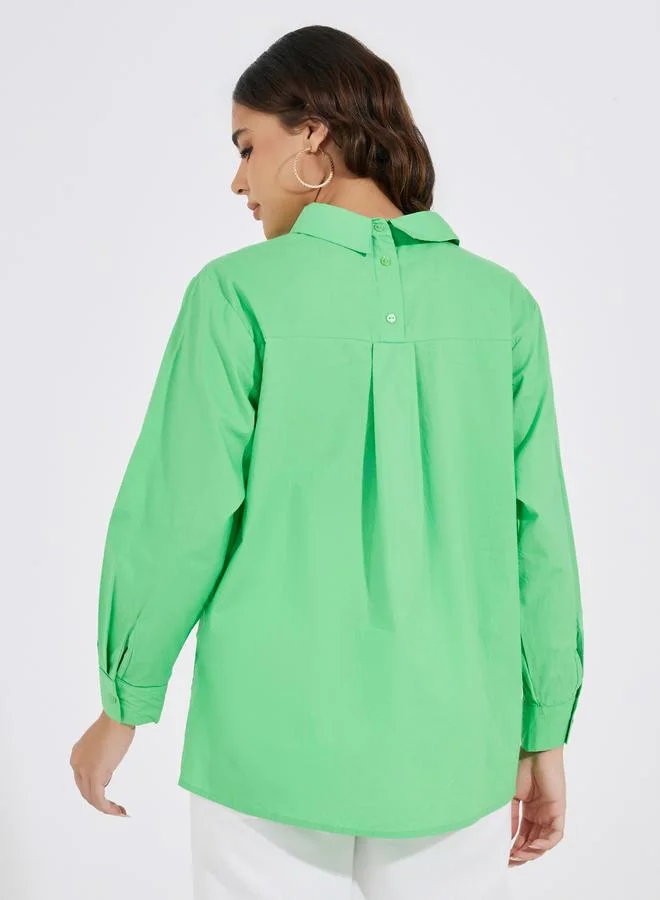 Styli Oversized Longline Box Pleated Buttoned Shirt with Back Mock Collar