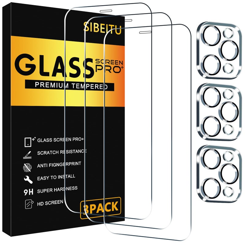 SIBEITU 3 Pack Screen Protector for iPhone 12 Pro Max with 3 Pack Camera Lens Tempered Glass Protector, 6.7 Inch HD Clear Tempered Glass Film 9H Hardness, Scratch Resistent, No Air Bubbles - Image 1