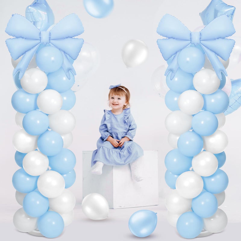 Charnoel 2 Sets Light Blue White Bow Balloon Column Stand Kit Includes 2 Bows & 100 Latex Balloons Adjustable Stands for Princess Birthday Wedding Coquette Baby Shower Party Decoration - Image 3