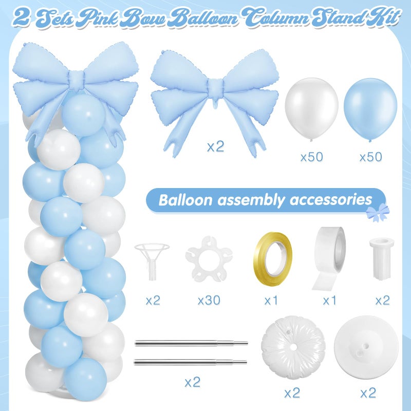 Charnoel 2 Sets Light Blue White Bow Balloon Column Stand Kit Includes 2 Bows & 100 Latex Balloons Adjustable Stands for Princess Birthday Wedding Coquette Baby Shower Party Decoration - Image 2