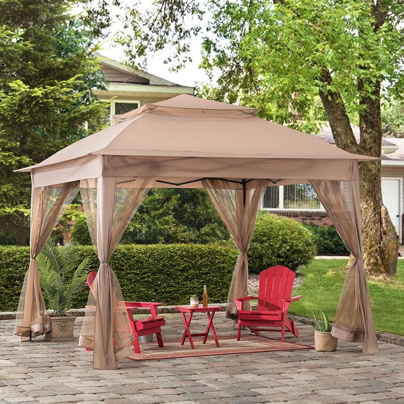 Sunjoy SUNJOY 11x11 ft PopUp Instant Gazebo Outdoor Portable Steel Frame 2Tier Top CanopyTent with Netting and Carry Bag Khaki  - Image 1