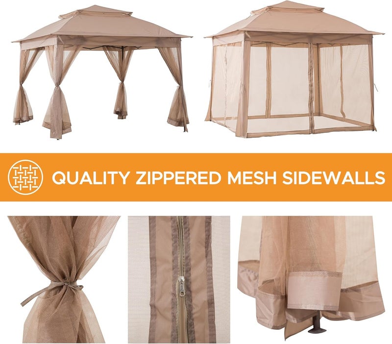 Sunjoy SUNJOY 11x11 ft PopUp Instant Gazebo Outdoor Portable Steel Frame 2Tier Top CanopyTent with Netting and Carry Bag Khaki  - Image 4