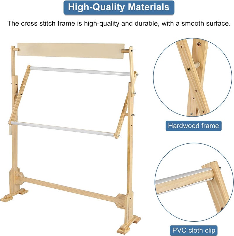 klarako Adjustable Embroidery Stand, Wooden Frame Cross Stitch Floor Stand 360° Rotated Needlework Stand Holder Lap Table Craft Sewing Tool with Scroll Frame - Image 3