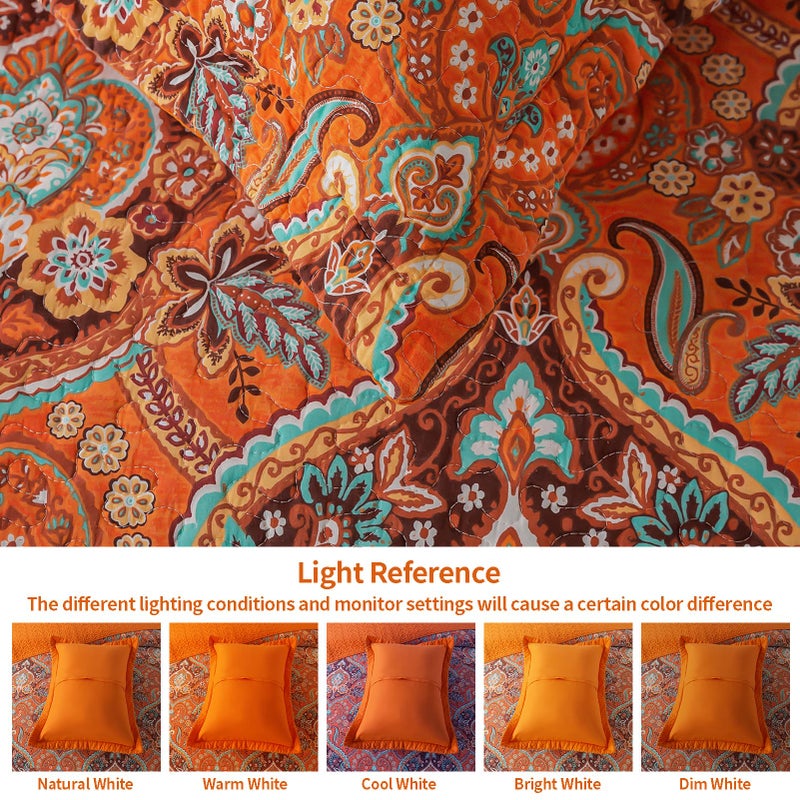 VAPUTAR Cotton Quilt King Size, King Size Quilt Bedding Set with Bohemian Damask Pattern-3Pieces Lightweight Reversible Soft Bedspread Coverlet (98 * 106 in) Suitable for All Season ï¼ˆLight Orangeï¼‰ - Image 5