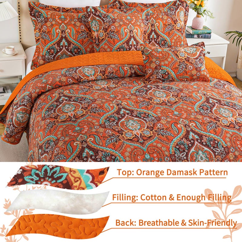 VAPUTAR Cotton Quilt King Size, King Size Quilt Bedding Set with Bohemian Damask Pattern-3Pieces Lightweight Reversible Soft Bedspread Coverlet (98 * 106 in) Suitable for All Season ï¼ˆLight Orangeï¼‰ - Image 3
