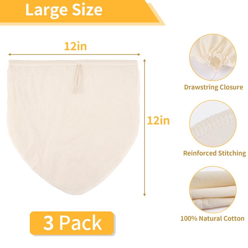 MOWPOG 3 Pcs 12"x12" Nut Milk Bag, Natural Unbleached Cotton Cheese Cloth Bag for Straining, Reusable Strainer Bag for Oat Almond Milk, Cheese Making, Yogurt, Juice, Cold Brew Coffee, Beer Tea (12x12 Inch) - Image 2