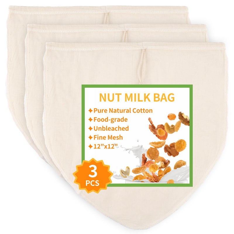 MOWPOG 3 Pcs 12"x12" Nut Milk Bag, Natural Unbleached Cotton Cheese Cloth Bag for Straining, Reusable Strainer Bag for Oat Almond Milk, Cheese Making, Yogurt, Juice, Cold Brew Coffee, Beer Tea (12x12 Inch) - Image 1