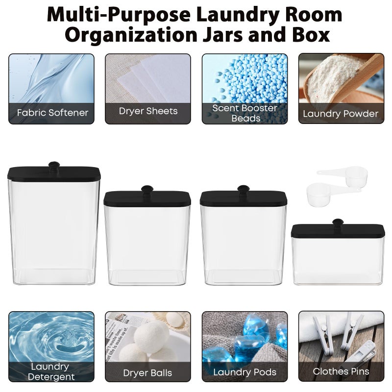 COAZEX 4 Pack Clear Laundry Pods Container & Dryer Sheet Holder, Plastic Square Laundry Room Organization and Storage Jars with Lids, Scoops & Labels for Detergent, Powder, Dryer Balls (Black Lid) - Image 5