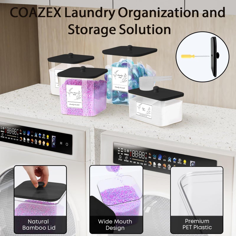 COAZEX 4 Pack Clear Laundry Pods Container & Dryer Sheet Holder, Plastic Square Laundry Room Organization and Storage Jars with Lids, Scoops & Labels for Detergent, Powder, Dryer Balls (Black Lid) - Image 3