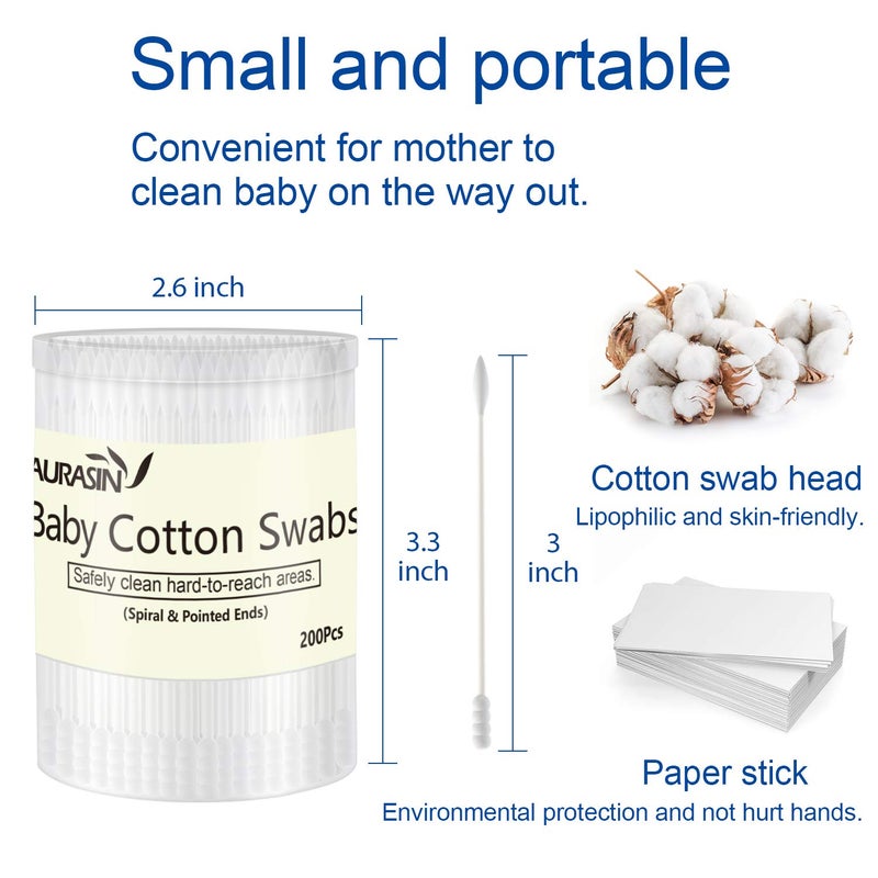 Aurasin Baby Cotton Swabs, Paper Sticks Cotton Buds for Baby Ear Nose Clean-200Pcs(Spiral and Pointed) - Image 5