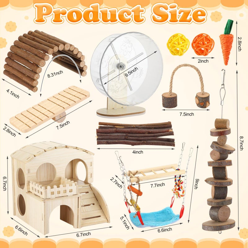 VercanMonth 11 Pcs Hamster Cage Accessories Set, Wooden Hawaii House, Bridge, Exercise Wheel, Swing, Chew Toys & More, Natural Wood Hamster Play Set for Dwarf Hamsters, Rat Mice Small Animals Habitat - Image 2