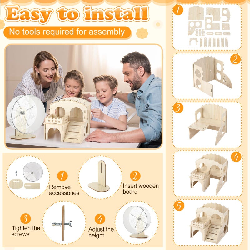 VercanMonth 11 Pcs Hamster Cage Accessories Set, Wooden Hawaii House, Bridge, Exercise Wheel, Swing, Chew Toys & More, Natural Wood Hamster Play Set for Dwarf Hamsters, Rat Mice Small Animals Habitat - Image 3