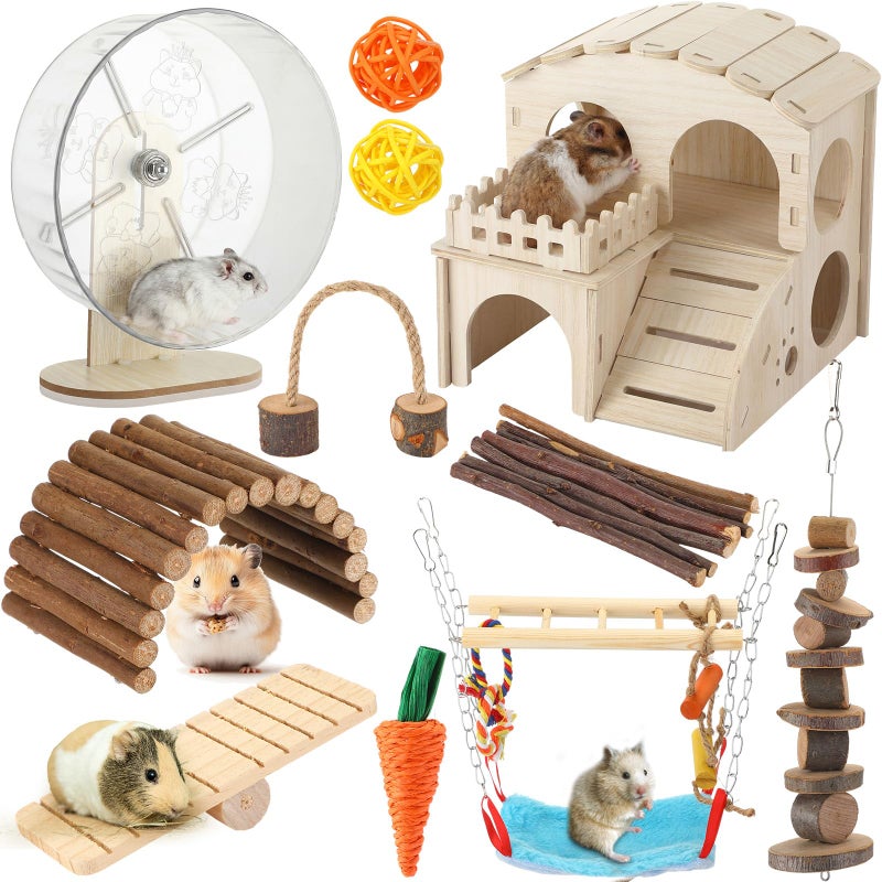 VercanMonth 11 Pcs Hamster Cage Accessories Set, Wooden Hawaii House, Bridge, Exercise Wheel, Swing, Chew Toys & More, Natural Wood Hamster Play Set for Dwarf Hamsters, Rat Mice Small Animals Habitat - Image 1