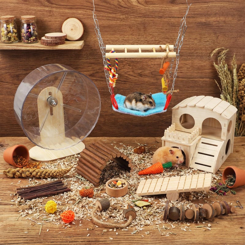 VercanMonth 11 Pcs Hamster Cage Accessories Set, Wooden Hawaii House, Bridge, Exercise Wheel, Swing, Chew Toys & More, Natural Wood Hamster Play Set for Dwarf Hamsters, Rat Mice Small Animals Habitat - Image 4