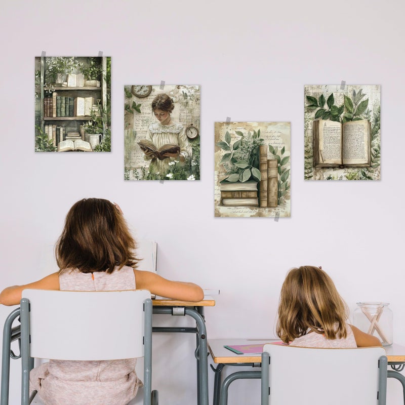 BESERH Nature Bookish Wall Decor, Vintage Botanical Book Wall Art Prints, Cottagecore Plant Woman Reader Book Posters for Reading Room Corner Nook Library, 8x10 Inches Set of 4 Unframed - Image 5