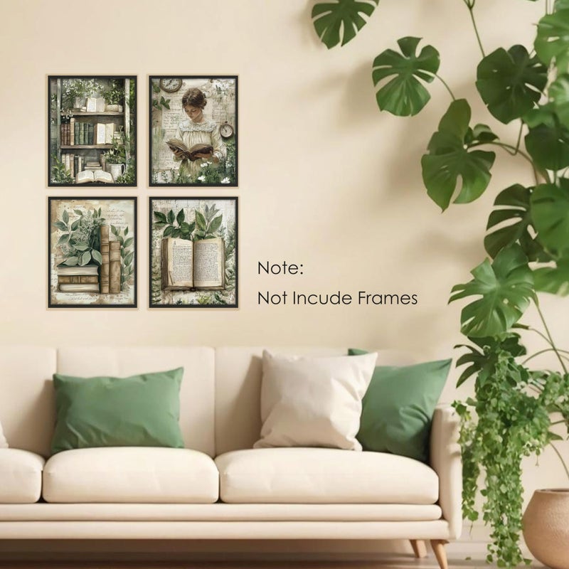 BESERH Nature Bookish Wall Decor, Vintage Botanical Book Wall Art Prints, Cottagecore Plant Woman Reader Book Posters for Reading Room Corner Nook Library, 8x10 Inches Set of 4 Unframed - Image 3