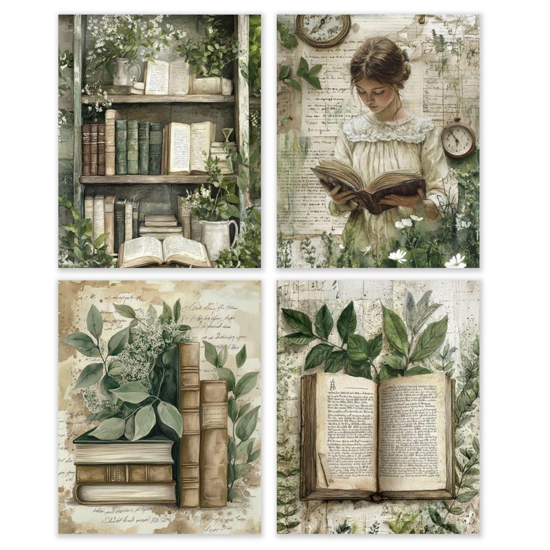 BESERH Nature Bookish Wall Decor, Vintage Botanical Book Wall Art Prints, Cottagecore Plant Woman Reader Book Posters for Reading Room Corner Nook Library, 8x10 Inches Set of 4 Unframed - Image 1