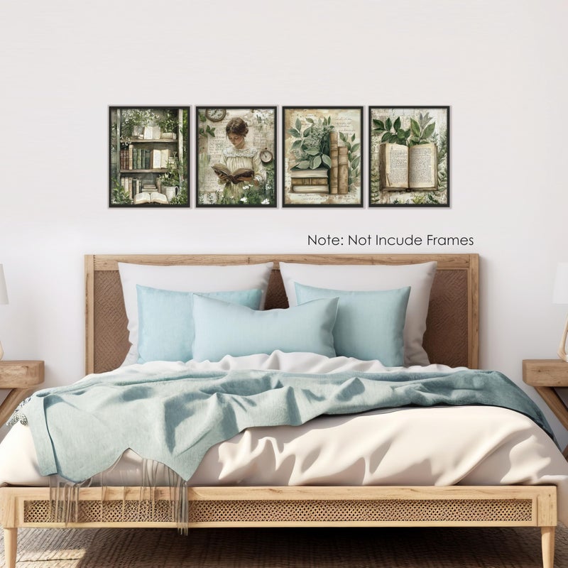 BESERH Nature Bookish Wall Decor, Vintage Botanical Book Wall Art Prints, Cottagecore Plant Woman Reader Book Posters for Reading Room Corner Nook Library, 8x10 Inches Set of 4 Unframed - Image 4
