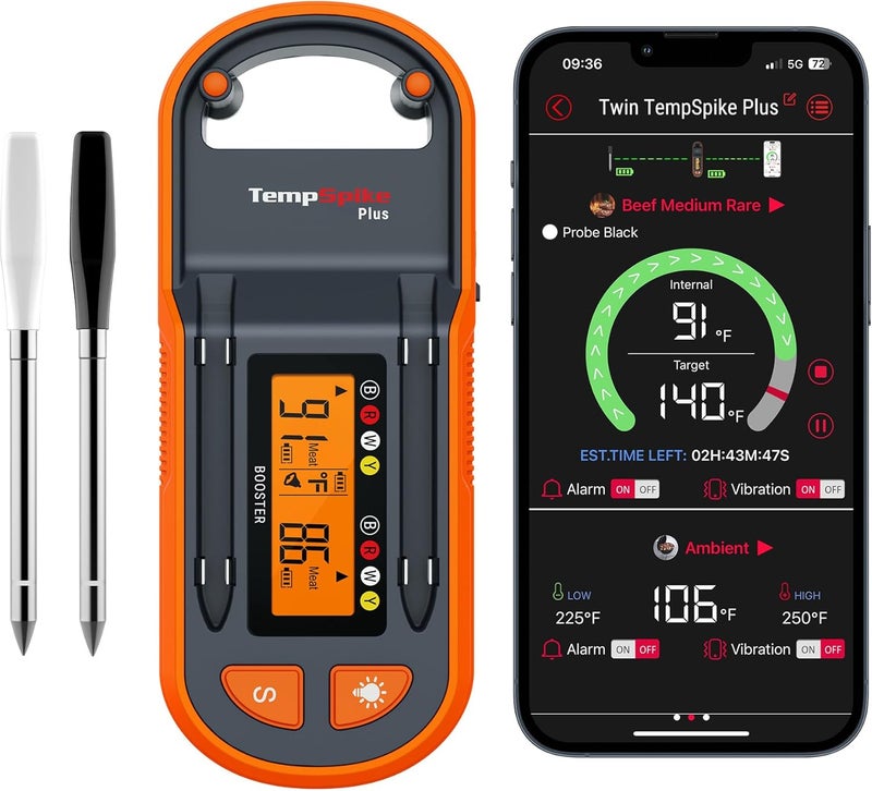ThermoPro ترمومتر لحوم لاسلكي TempSpike Plus 600 قدم مع 2 مسبار ملون، ترمومتر لحوم بلوتوث لاسلكي مع معزز LCD للطهي والشواء المدخن - Image 1