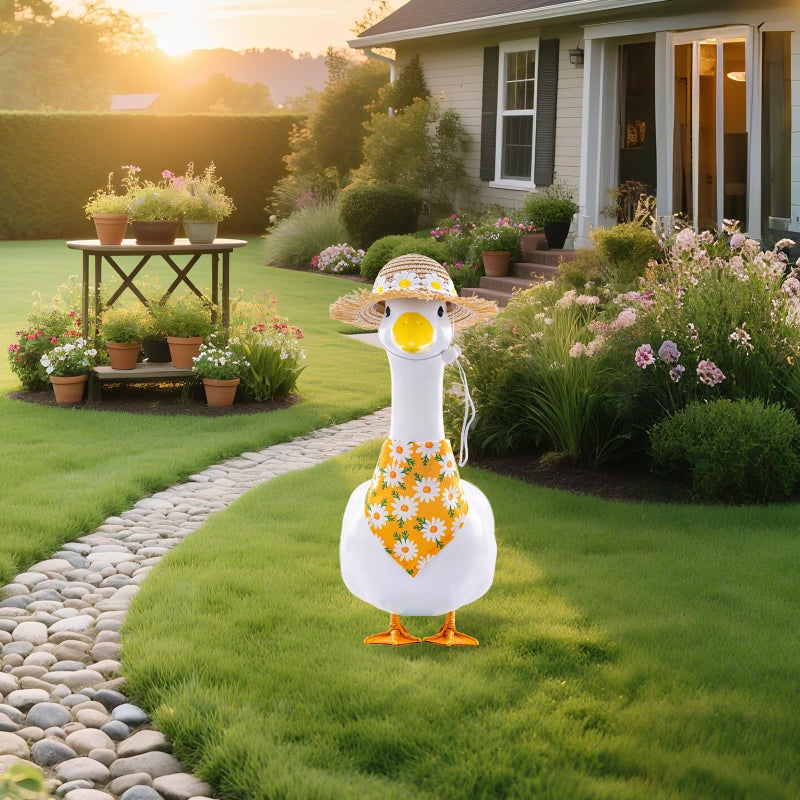 TAKEALOOKO Daisy Flower Outfit for Porch Goose - 2Pcs Summer Goose Clothes with Yellow Floral Hat & Bib Accessories for 23â€ Cement or Plastic Gooses Statue, Garden Lawn Porch Decoration - Image 2