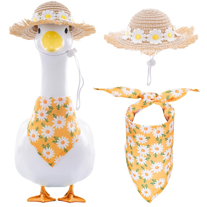 TAKEALOOKO Daisy Flower Outfit for Porch Goose - 2Pcs Summer Goose Clothes with Yellow Floral Hat & Bib Accessories for 23â€ Cement or Plastic Gooses Statue, Garden Lawn Porch Decoration - Image 1