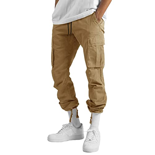 WZIKAI Mens Cargo Pants Casual Joggers Hiking Pants Loose Straight Athletic Workout Sweatpants with Pockets Khaki M - Image 2