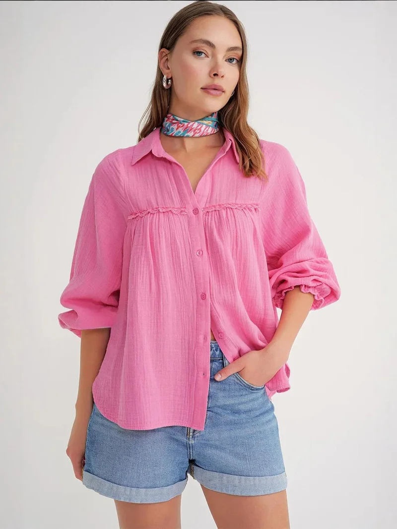 Mixray Powder Pink Mixray Textured Cotton Button-Up Shirt for Women | Best Price UAE