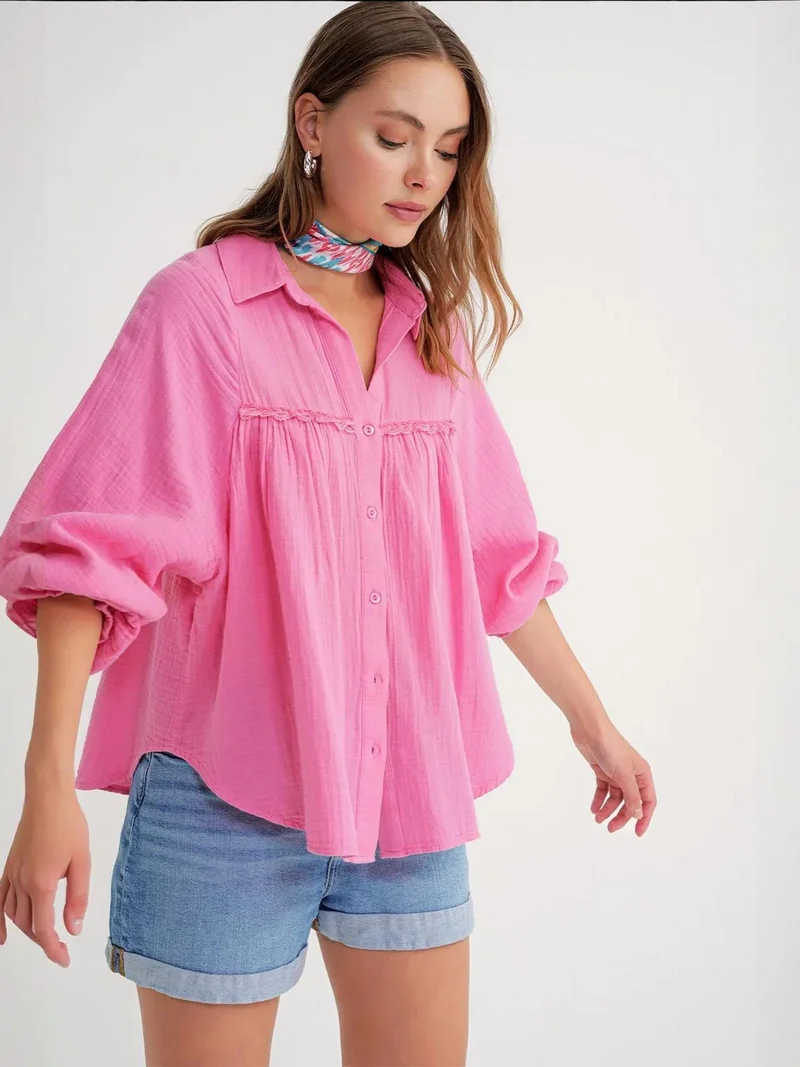 Mixray Powder Pink Mixray Textured Cotton Button-Up Shirt for Women | Best Price UAE