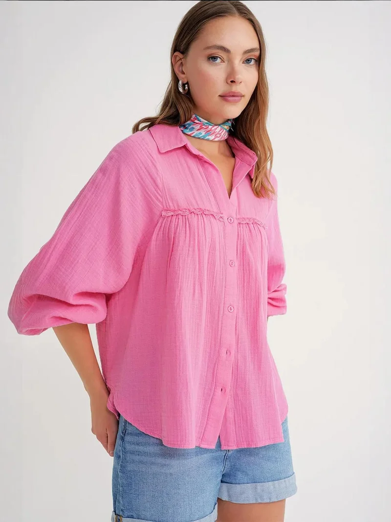 Mixray Powder Pink Mixray Textured Cotton Button-Up Shirt for Women | Best Price UAE