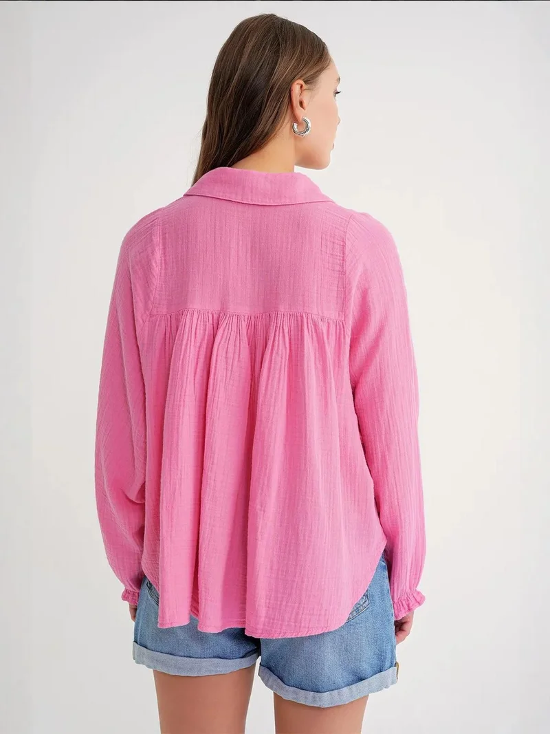 Mixray Powder Pink Mixray Textured Cotton Button-Up Shirt for Women | Best Price UAE