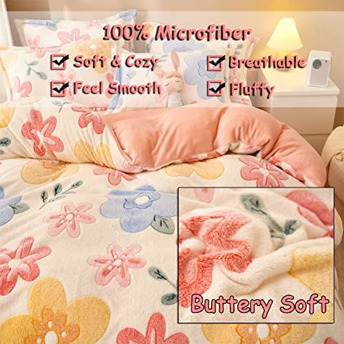 LMONMOO Pink Duvet Cover Twin, Fluffy Comforter Cover Set, Kawaii Bedding Sets for Girl Ultra Soft Cute Floral Bed Set for Kids (Flower, Twin) - Image 3