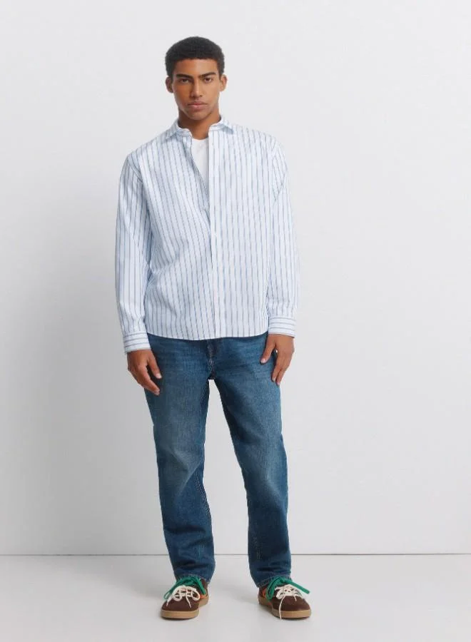 Springfield Striped long sleeve 100% cotton poplin dress shirt with tonal tree embroidery and mother-of-pearl button