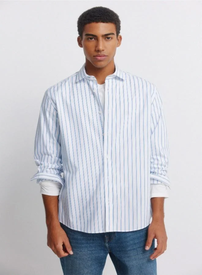 Springfield Striped long sleeve 100% cotton poplin dress shirt with tonal tree embroidery and mother-of-pearl button