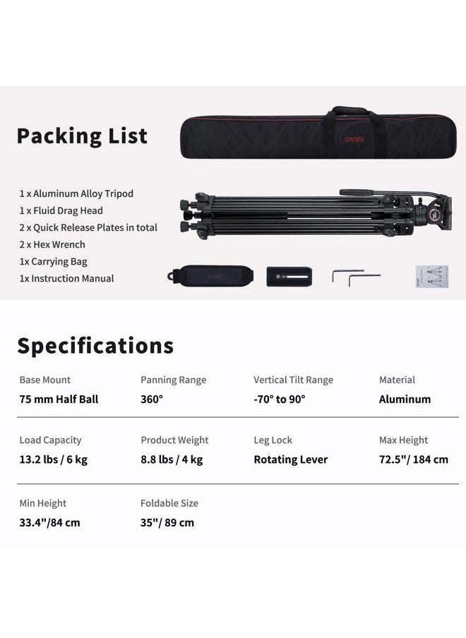 Cayer - BV30L Video Tripod System, 72" Heavy Duty Aluminum Twin Tube Tripod with K3 Fluid Head, 75mm Flat Base, Max Load 13.2lbs, for DSLR Cameras, Camcorders, Includes 2 Quick Release Plates - Image 1