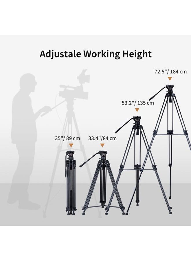 Cayer - BV30L Video Tripod System, 72" Heavy Duty Aluminum Twin Tube Tripod with K3 Fluid Head, 75mm Flat Base, Max Load 13.2lbs, for DSLR Cameras, Camcorders, Includes 2 Quick Release Plates - Image 1