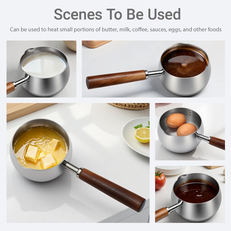 BQWII 17fl oz (500ml) Stainless Steel Mini Pot Butter Warmer, Milk and Coffee Heater, Seafood Butter Warmer, Chocolate Melting,with Pour Spout and Wooden Handle,Induction cooker available - Image 4
