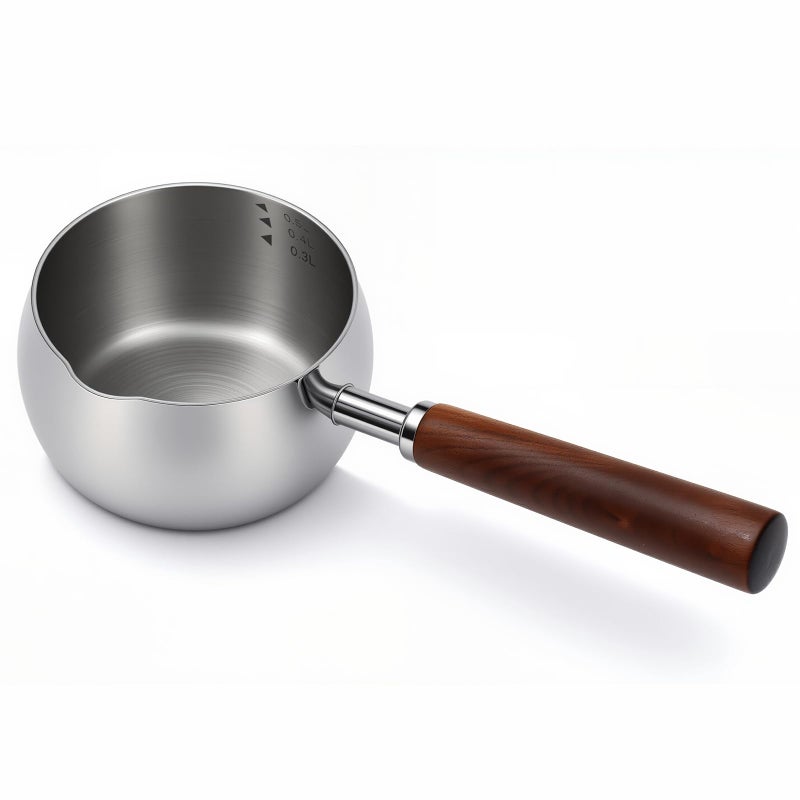 BQWII 17fl oz (500ml) Stainless Steel Mini Pot Butter Warmer, Milk and Coffee Heater, Seafood Butter Warmer, Chocolate Melting,with Pour Spout and Wooden Handle,Induction cooker available - Image 1