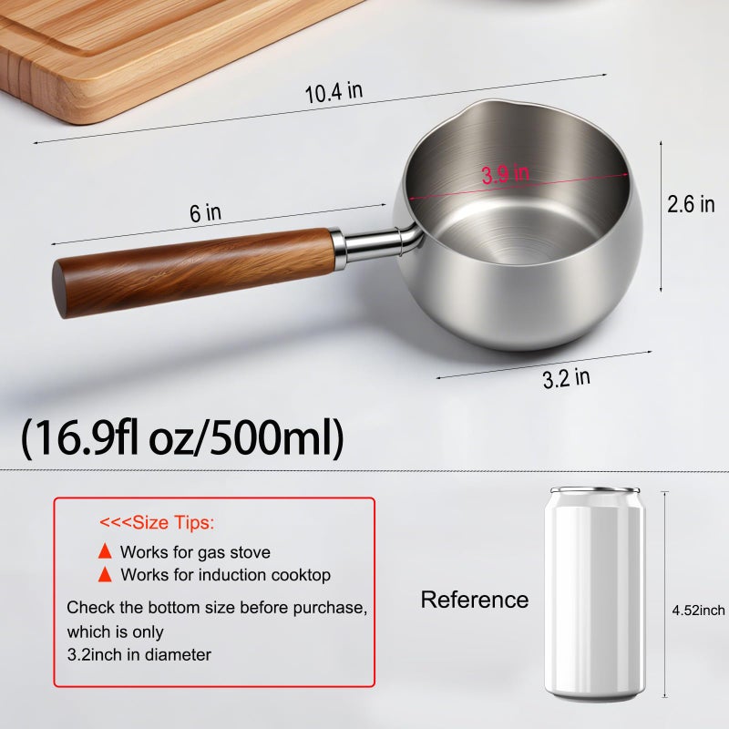 BQWII 17fl oz (500ml) Stainless Steel Mini Pot Butter Warmer, Milk and Coffee Heater, Seafood Butter Warmer, Chocolate Melting,with Pour Spout and Wooden Handle,Induction cooker available - Image 2