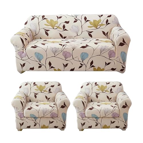 Furshine Sofa Cover 3 Seater and 2 Seater Fully Covered 5 Seater Sofa Cover Non-Slip Sticky Elastic Stretchable Sofa Set Imported Slipcover Protector Cream Brown Leaf, Five Seater (3+1+1) - Image 1