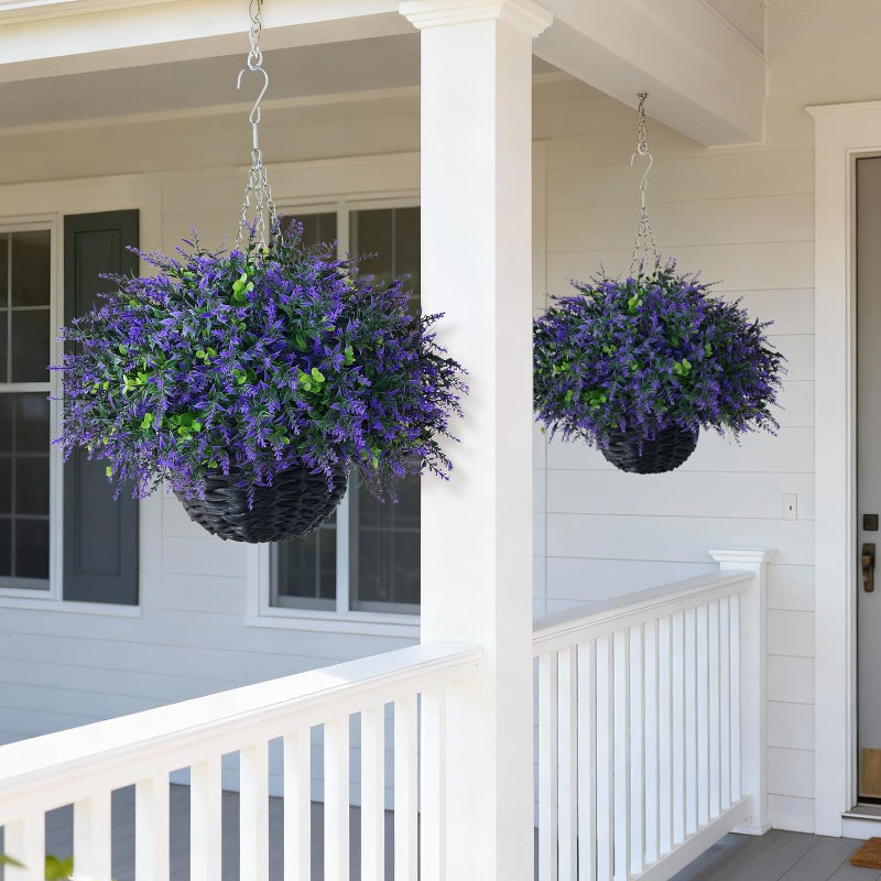 GLIDLION Artificial Eucalyptus & Lavender Hanging Basket (2 Pieces) - Realistic Fake Hanging Plants Set, Outdoor Faux Eucalyptus Leaves for Farmhouse Eaves Porch Decor | Spring,Summer,All Season - Image 3