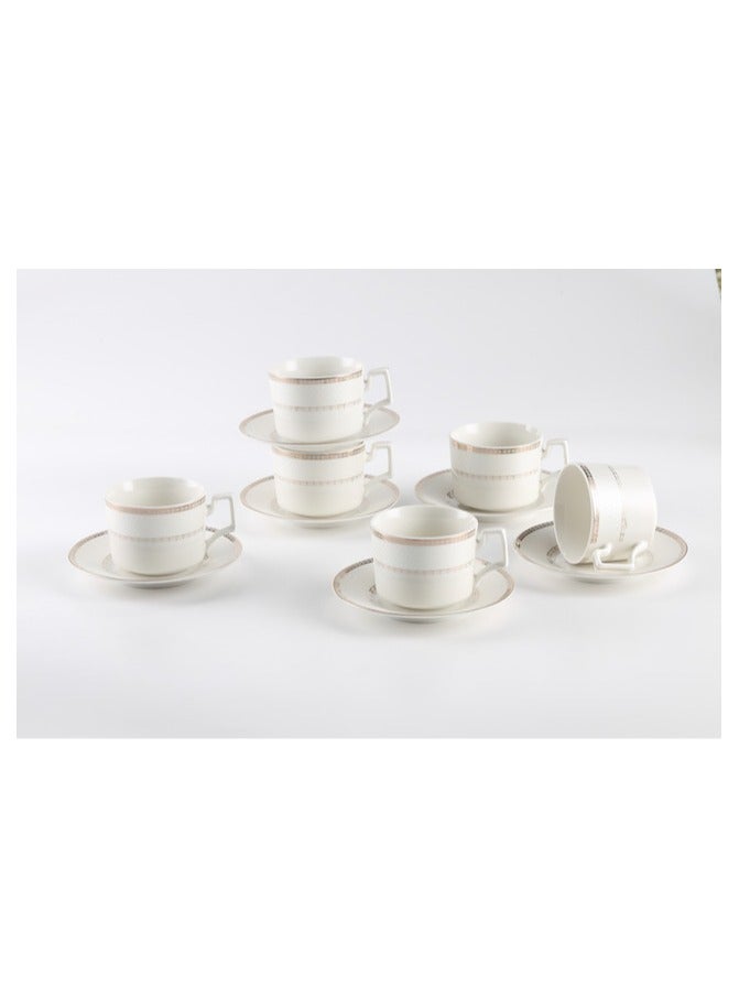 Shallow New Bone China Rosa Tea Cup & Saucer Set, 220ml (White, 6 Cups, 6 Saucer) - Image 1