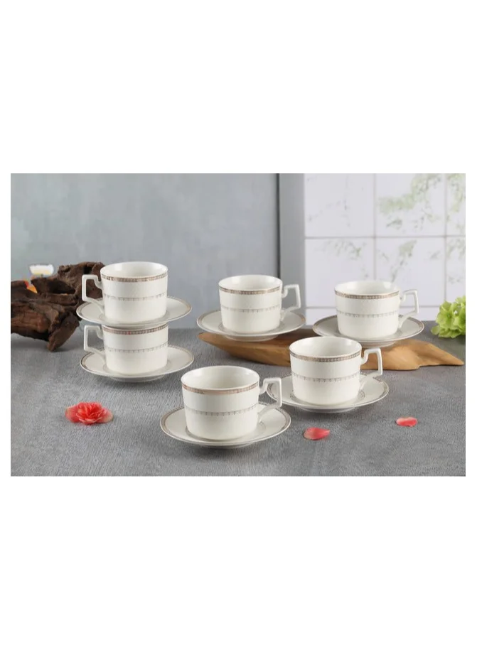 Shallow Shallow New Bone China Rosa Tea Cup & Saucer Set, 220ml (White, 6 Cups, 6 Saucer)