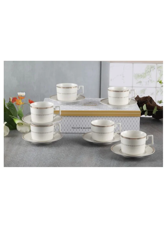 Shallow Shallow New Bone China Rosa Tea Cup & Saucer Set, 220ml (White, 6 Cups, 6 Saucer)