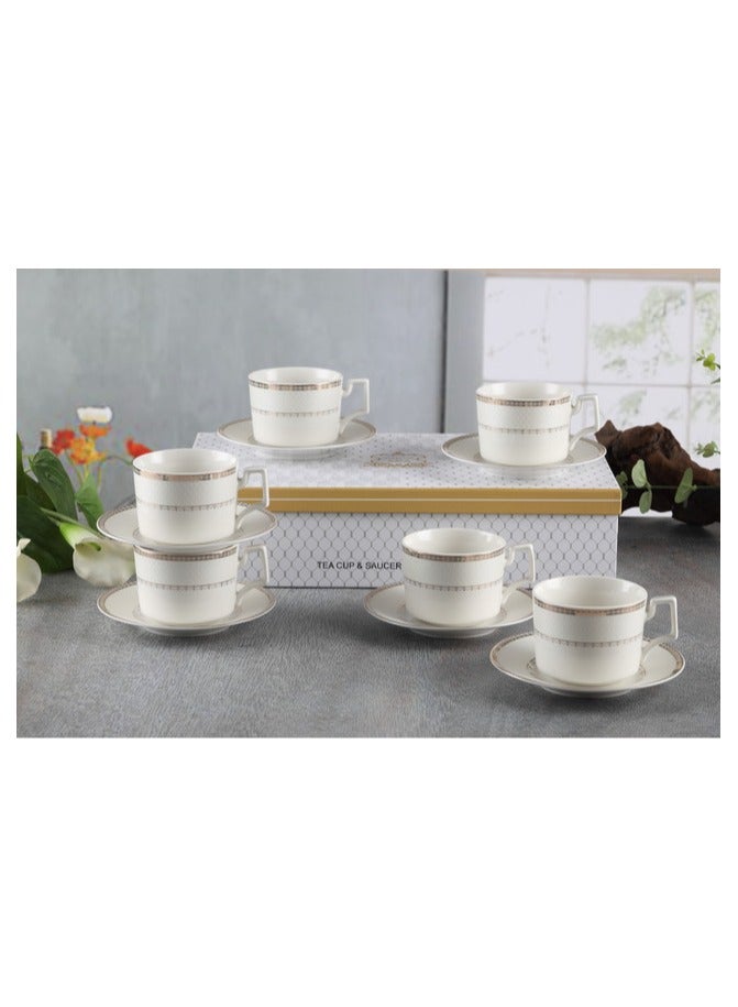 Shallow New Bone China Rosa Tea Cup & Saucer Set, 220ml (White, 6 Cups, 6 Saucer) - Image 3