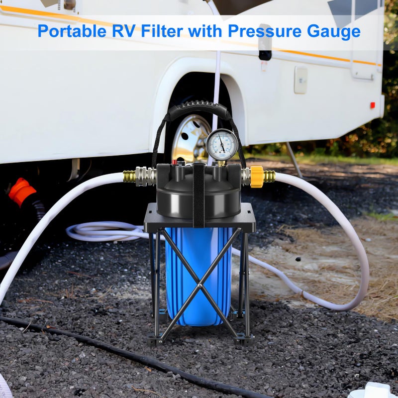 Hansing 6-Layer RV Water Filter with Stand and Pressure Gauge, 3/4" GHT Metal Threads Inline Water Filter, Removes Sediments, Chlorine, VOCs, Heavy Metals, Bad Taste, Odor, and More - Image 2
